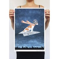 Jack Russel Am Papierflieger Zum Mond Fliegend Originale Geschenkidee Oder Einfach Eine Schöne Idee, Um Ein Lächeln An Deine Wände Zu Zaubern von circuszoo