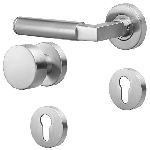 ck-tuerbeschlaege Drückergarnitur Bauhaus | Klasse 4 zertifiziert | V2A Edelstahl matt | nach Gropius & Meyer 1922/1923 (WE mit Flachknauf (DIN-Links)) von ck-tuerbeschlaege