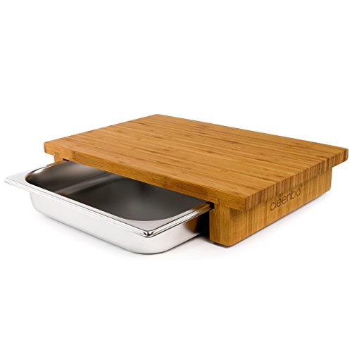 cleenbo® Schneidbrett mit Auffangschale, 2.Wahl "Classic bamboo GN" Profi Holz Küchenbrett aus geöltem Bambus, Schneidebrett mit Gastro Auffangbehälter (Edelstahl Schublade) Maße: 43 x 29 x 7,5 cm von cleenbo