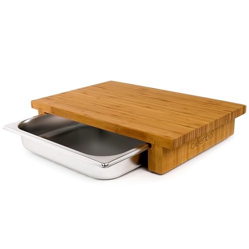 cleenbo® Schneidbrett mit Auffangschale "Classic bamboo GN" Profi Holz Küchenbrett aus geöltem Bambus, Schneidebrett mit Gastro Auffangbehälter (Edelstahl Schublade) Bambusbrett Maße: 43 x 29 x 7,5 cm von cleenbo