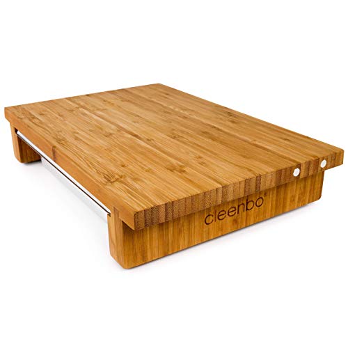 cleenbo® Schneidebrett Classic bamboo GN mit magnetischer Messerhalterung und Edelstahl Auffangschale, Profi Holz Küchenbrett aus geöltem Bambus mit Behälter, Schneidbrett Maße: 43 x 29 x 7,5 cm von cleenbo