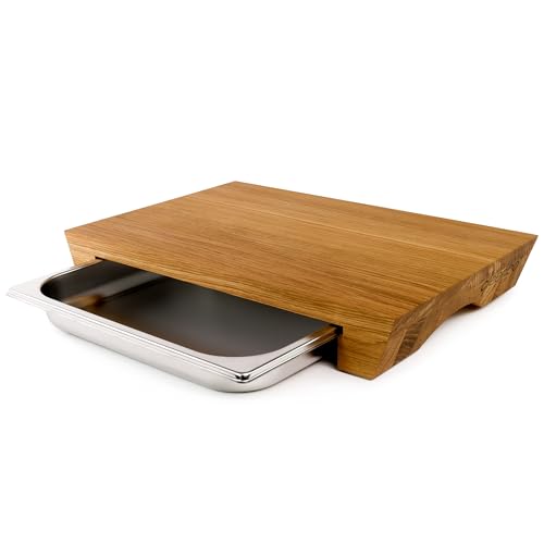cleenbo® Schneidebrett mit Auffangschale "Style Oak" Profi Holz Küchenbrett aus geölter Eiche, Großes Schneidbrett mit Auffangbehälter, Holzschneidebrett mit Edelstahl Behälter von cleenbo