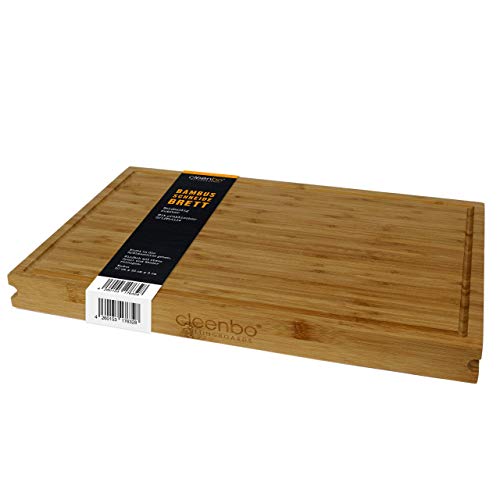 cleenbo Schneidbrett Bambus mit Saftrille und Griffrille, großes Holz Küchenbrett beidseitig nutzbar aus geöltem formstabilen Bambus massiv, Holzbrett Maße: 50 x 33 x 4 cm von cleenbo