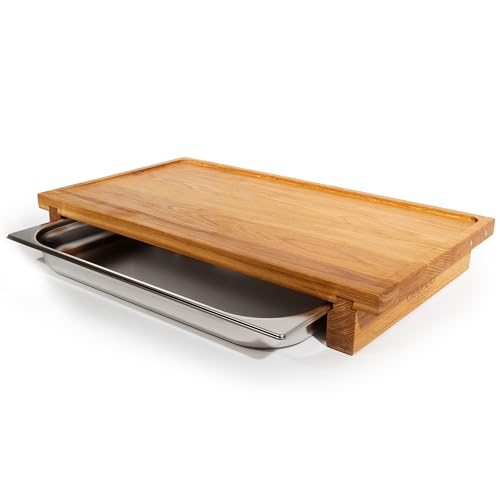cleenbo Schneidebrett Classic Oak Big bloc GN BBQ - Profi Holz Küchenbrett groß aus geölter Eiche - Hackbrett XXL mit Auffangschale - Edelstahl Auffangbehälter - Maße: 65 x 36 x 8,7 cm von cleenbo
