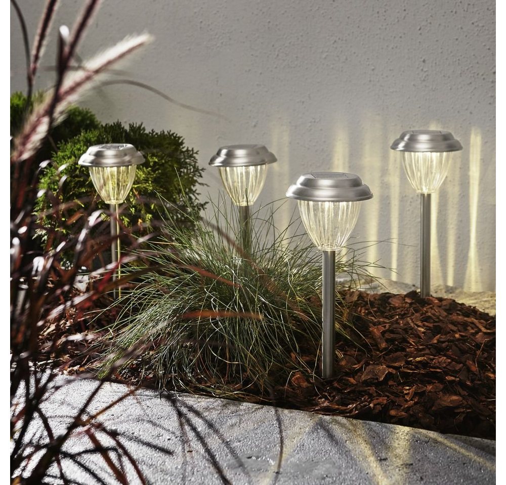 click-licht Gartenleuchte LED Solar Erdspießleuchte Palma, 4-er Set, Edelstahl, 280mm, keine Angabe, Leuchtmittel enthalten: Ja, fest verbaut, LED, warmweiss, Gartenleuchten von click-licht
