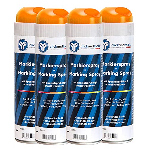 clickandtools Markierungsspray leucht orange 4er Pack mit Spezialsprühkopf, schnell trocknend von clickandtools