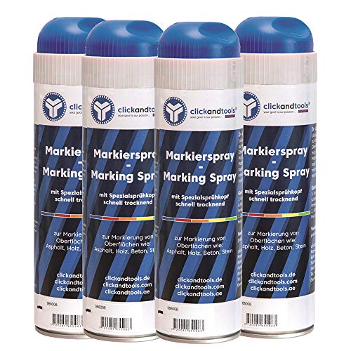 Markierungsspray leucht blau clickandtools® 4er Pack mit Spezialsprühkopf, schnell trocknend von clickandtools