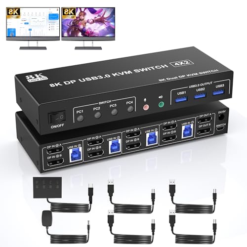 8K@60Hz Displayport KVM Switch Dual Monitor, 4K@120Hz KVM Switches 4 PC 2 Monitore mit 3 USB 3.0 Anschlüssen und Audio-Mikrofon-Ausgang, DP Monitor Switch für 4 Computer mit gemeinsamem 2 Monitor 8K@60Hz Displayport KVM Switch Dual Monitor, 4K@120Hz KVM Switches 4 PC 2 Monitore mit 3 USB 3.0 Anschlüssen und Audio-Mikrofon-Ausgang, DP Monitor Switch für 4 Computer mit gemeinsamem 2 Monitor von clickfish