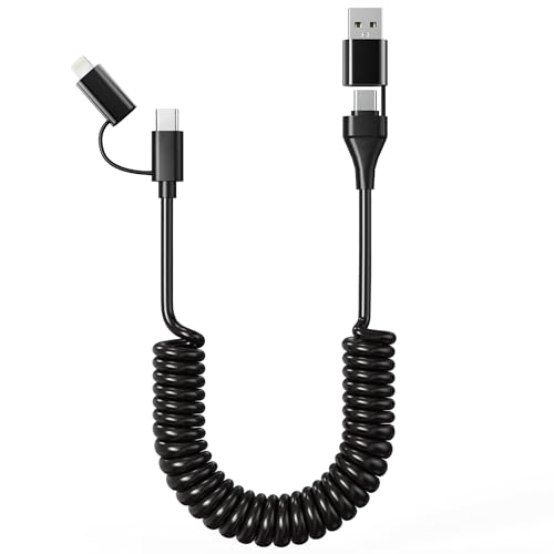 USB auf Lightning und USB C Spiralkabel 2 in 1 Carplay Kabel, Schnellladekabel für Apple Carplay und Android Auto, Multi-Ladekabel-Kombikabel Typ C/Lightning für iPhone/Android/iPad von clickfish