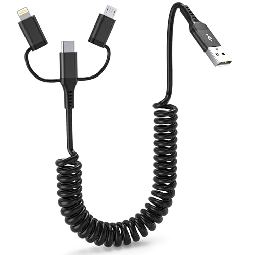USB auf USB C Lightning und Micro USB Spiralkabel, 3 in 1 Android Auto & Apple Carplay Multi USB Kabel, Universal Spiralkabel kurz mit Schnellladen & Datenübertragung für iPhone 16/15/14/Galaxy/Huawei von clickfish