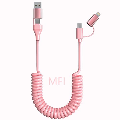 clickfish USB auf Lightning und USB C Spiralkabel 2 in 1 Android Auto & Carplay Kabel, 60W USB Spiralkabel kurz mit USB C und Lightning Anschluss für iPhone für iPhone 16 15 14 iPad Android von clickfish