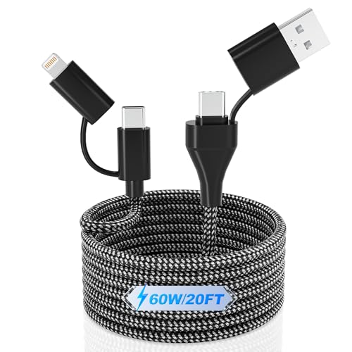 60W USB C und Lightning Kabel 4 in 1, 6M Lang Nylon USB C Ladekabel, Schnellladung & Daten, USB A/USB C auf Typ C/Lightning Multi Ladekabel mit iPhone 15 14 Pro Max MacBook Pro Samsung von clickfish