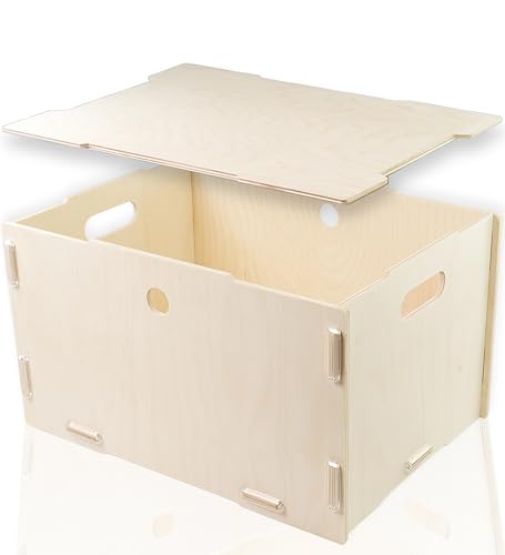 clipfritz - Holzbox mit Deckel (Unlackiert ca.40x30x23cm) Aufbewahrungsbox groß aus Holz - Boxen/Kisten zur Aufbewahrung von Spielzeug, Bücher, Fotos, Spielsachen - Spielzeugkiste/Holzkiste stapelbar von clipfritz