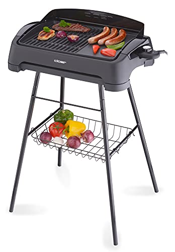 Cloer 6750 Barbecue-Grill, Standgrill mit abnehmbarem Fuß, Spritzschutz, Ablagekorb, Antihaftbeschichtet, 2000 Watt, Grillfläche: 43 cm x 30,5 cm, schwarz von Cloer