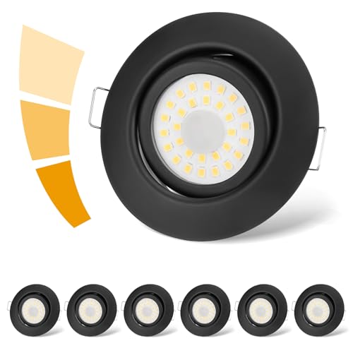 cloksh LED Einbaustrahler 230V Flach Dimmbar Schwarz LED Spots 3 stufe Dimmbar 6W IP44 Bad Einbauleuchten Deckenspots,Warmweiß 3000K Schwenkbar Einbauspots für Badezimmer Küche Wohnzimmer,6er Set von cloksh