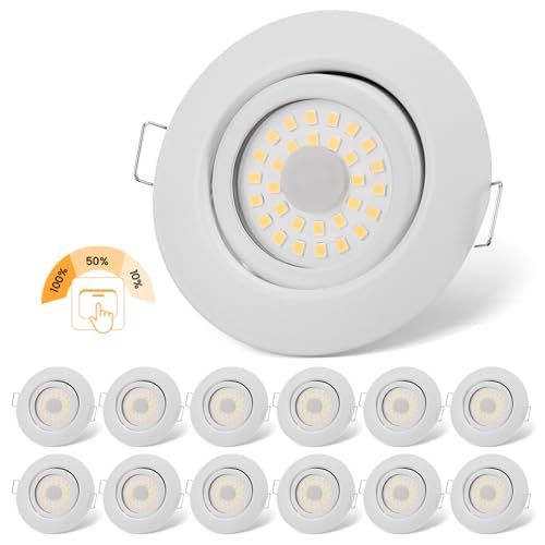 cloksh LED Einbaustrahler 230V Flach Dimmbar Weiß LED Spots 3 stufe Dimmbar 6W IP44 Bad Einbauleuchten Deckenspots,Warmweiß 3000K Schwenkbar Einbauspots für Badezimmer Küche Wohnzimmer,12er Set von cloksh