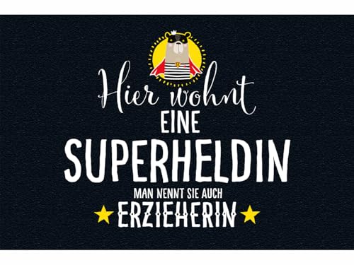 clothinx Echte Superhelden Erzieherin Geschenk Fußmatte mit Spruch 40 x 60 cm Türvorleger innen und außen als Abschiedsgeschenk Kita Türmatte Fussmatte Schmutzfangmatte rutschfest von clothinx