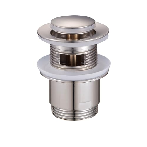 DURO CLICK-CLACK Ventil mit Messinghülse, Mühelose Funktionalität für das Waschbecken, Pop Up Ventil, Hochwertiges Messing und Minimalistisches Design, mit Überlauf, Rund, Klein, Gebürsteter Stahl von cluro