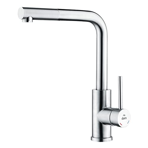 DURO Küchenarmatur Acero, aus Gebürstetem Edelstahl, ohne Stopfen, Wassersparend, Einhebel-Einloch-Standbatterie mit Beweglichem Auslauf 21,5 cm, Durchflussklasse A, Geräuschklasse II von cluro