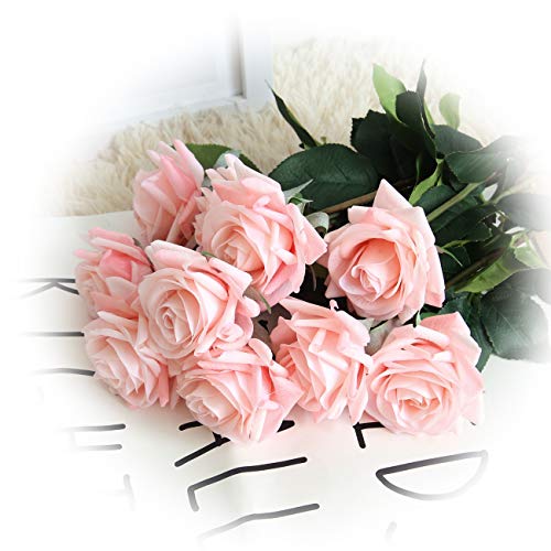 cn-Knight Künstliche Blumen, 12 Stück 43cm Künstliche Rosenblüten mit Blättern, Gel-beschichtete Seide, für Hochzeit, Brautstrauß, Brautjungfer, Heimdekoration, Büro, Tafelaufsatz, Hellrosa von cn-Knight