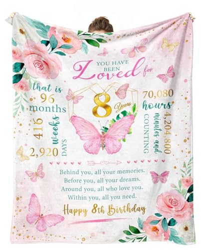 cnnouart Geburtstagsdecke für 8 Jahre altes Mädchen, Geschenk zum 8. Geburtstag, Geburtstagsgeschenk für 8 Jahre, Überwurfdecke (130 x 180 cm) von cnnouart