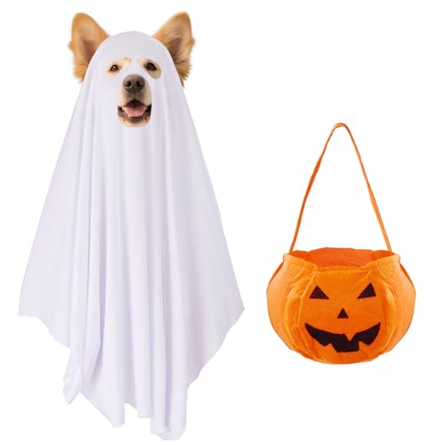cnomg Halloween-Hundekostüm mit Kürbisbeutel, Geisterkostüm für Hunde, Halloween, Süßes oder Leckerli-Taschen, Cosplay, Party, Geist (klein) von cnomg