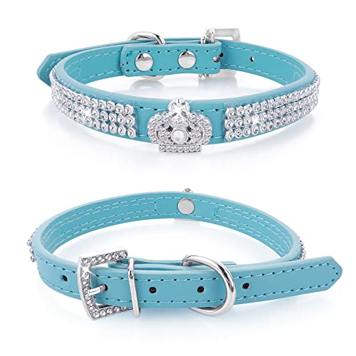 cobee Hundehalsband mit Strass, verstellbares Katzenhalsband Bling Pu Leder Welpenhalsband Kristall Haustierhalsbänder für kleine Hunde Katzen Halsbandzubehör(Blau) von cobee