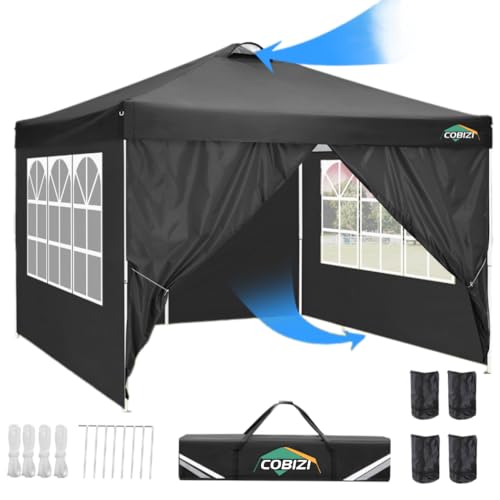 COBIZI Pavillon 3x3, UV-Schutz 50+ Faltpavillon 3x3 Wasserdicht Stabil Winterfest mit 4 Seitenteilen und 4 Sandsäcke,Pop up Pavillion Klappbar 3x3m Pavillon für Camping,Strand,Familientreffen(Schwarz) von cobizi