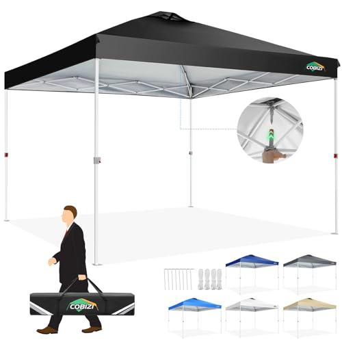 COBIZI Pavillon 3x3 Wasserdicht Stabil Faltpavillon Partyzelt Gartenpavillon mit Entlüftung Höhenverstellbar Center Push Zelt für Outdoor Aktivitäten/Party/Märkte/Camping, Grau von cobizi