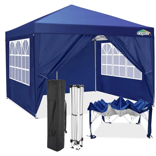 COBIZI Pavillon 3x3 Wasserdicht Stabil Winterfest Partyzelt 3x3 mit 4 Seitenteilen Pop Up Faltpavillon UV Schutz 50+ Gartenpavillon Mit Transporttasche, 8X Heringe und 4X Windseil, Dunkelblau von cobizi