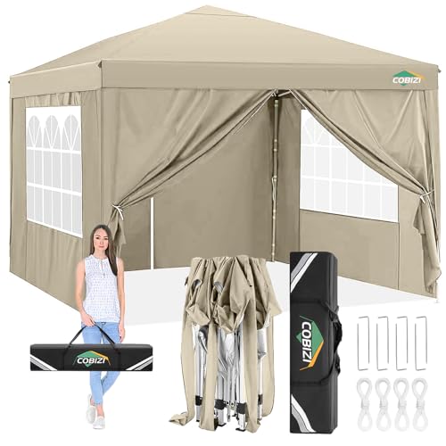 COBIZI Pavillon 3x3 Wasserdicht Faltpavillon mit 4 Seitenteilen Freiluft Faltpavillon Stabile UV-Schutz 50+ Pop Up Gartenpavillon Partyzelt für Freien, Garten, Party, Hochzeit, Markt (3x3m Khaki) von cobizi