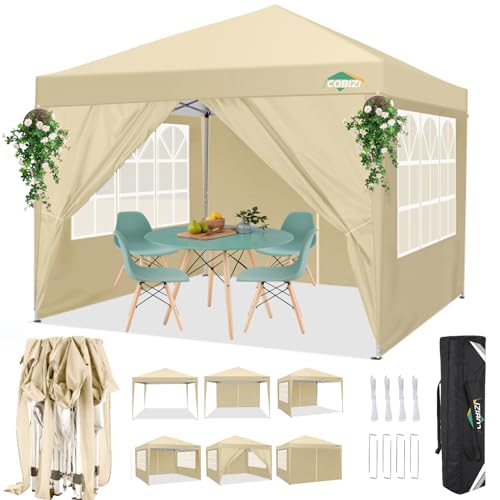 COBIZI Pavillon 3x3m, Faltpavillon 3x3 Wasserdicht Stabil Gartenpavillon Partyzelt Gartenzelt Festzeltfaltbar Pop-up Gartenzelt Partyzelt (3x3m +4Seitenteilen,Khaki) von cobizi