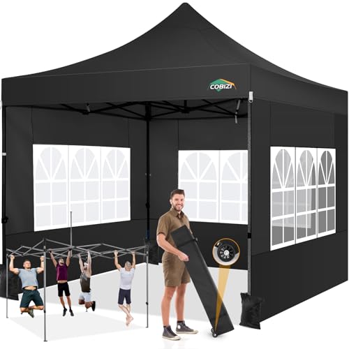 COBIZI Pavillon 3x3m wasserdicht stabil Winterfest,Outdoor faltbar partyzelt，gartenpavillon mit 4 Seitenteilen und 4 Sandsack und Laufradtasche, Schwarz von cobizi