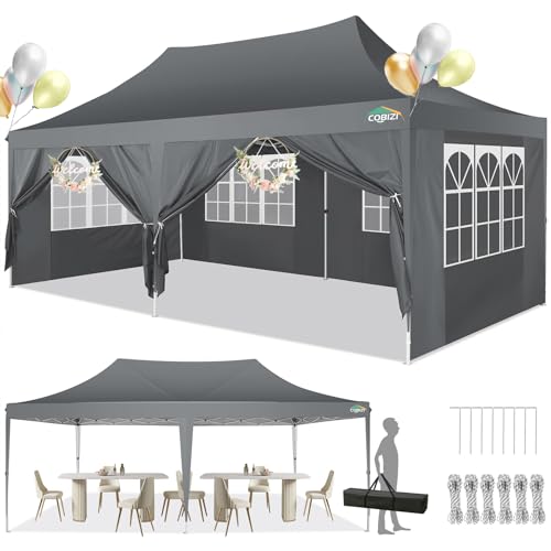 COBIZI Pavillon 3x6m, Faltpavillon 3x6 Wasserdicht Stabil mit 6 Seitenteilen Partyzelt Pop Up Camping Pavillon Gartenzelt Gartenpavillon für Garten, Party, Festival, Hochzeit, UV-Schutz, Grau von cobizi