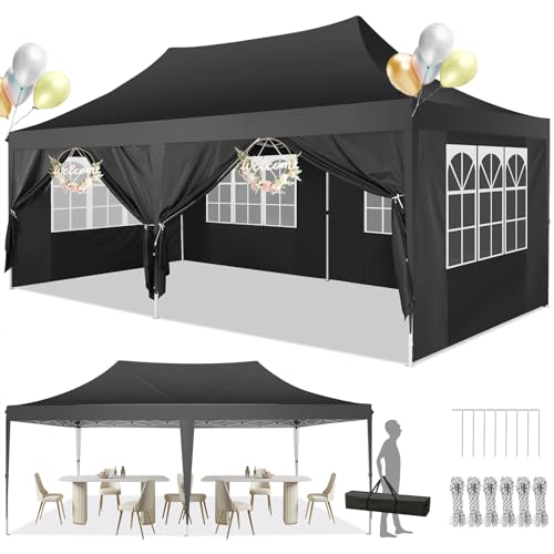 COBIZI Pavillon 3x6m, Faltpavillon 3x6 Wasserdicht Stabil mit 6 Seitenteilen Partyzelt Pop Up Camping Pavillon Gartenzelt Gartenpavillon für Garten, Party, Festival, Hochzeit, UV-Schutz, Schwarz von cobizi