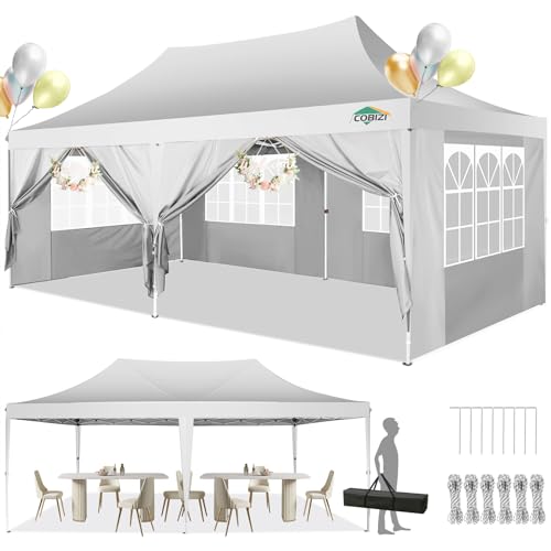 COBIZI Pavillon 3x6m, Faltpavillon 3x6 Wasserdicht Stabil mit 6 Seitenteilen Partyzelt Pop Up Camping Pavillon Gartenzelt Gartenpavillon für Garten, Party, Festival, Hochzeit, UV-Schutz, Weiss von cobizi