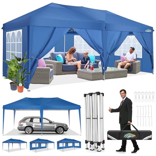 COBIZI Pavillon 3x6m Wasserdicht mit 6 Seitenwänden Pop-Up Anti UV Gartenfesten Faltpavillon Schwerlast 3 höhenverstellbar leicht zusammenzubauen für Festival Garten Party(3x6m,Blau) von cobizi