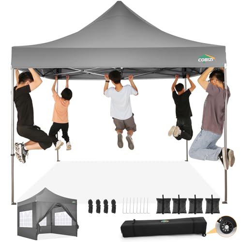 COBIZI pavillon 3x3 wasserdicht stabil Winterfest, faltpavillon Outdoor faltbar partyzelt，pop up pavillon klappbar gartenpavillon mit 4 Seitenteilen und Laufradtasche, Grau（420D Oxford-Plane） von COBIZI