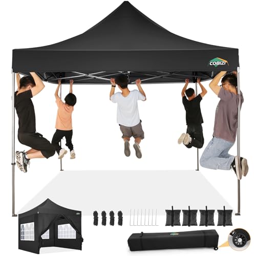 COBIZI pavillon 3x3 wasserdicht stabil Winterfest, faltpavillon Outdoor faltbar partyzelt，pop up pavillon klappbar gartenpavillon mit 4 Seitenteilen und Laufradtasche, Schwarz（420D Oxford-Plane） von COBIZI