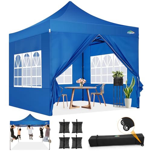 COBIZI pavillon faltpavillon 3x3 wasserdicht stabil Winterfest,Outdoor faltbar partyzelt，gartenpavillon mit 4 Seitenteilen und 4 Sandsack und Laufradtasche, Blau von cobizi