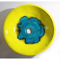 Handgefertigte Keramik Waschbecken Gelb & Türkis Glasur von coceramicsstudio