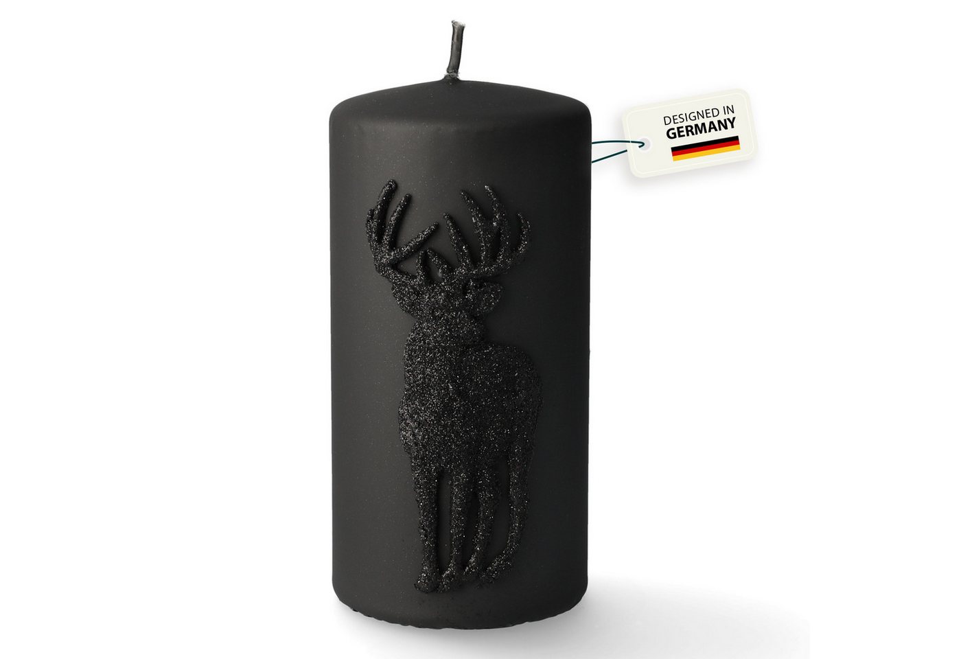 coco+cozy Stumpenkerze Rensdyr mit Hirsch Motiv - Ø 7cm x 14cm, 84 h Brenndauer, schwarz von coco+cozy