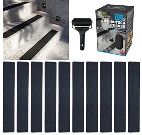 cocofy Anti-Rutsch Sticker für Treppen außen und innen XXL | 10x Streifen (90x15 cm groß) schwarz | Starker Halt Dank Spezial-Outdoor-Oberfläche | Rutsch-Schutz für Treppenstufen | mit Montageroller von cocofy