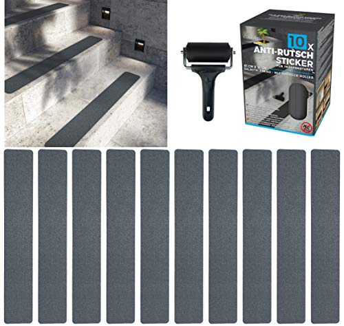 cocofy Anti Rutsch Streifen Treppen außen und innen, 10x Streifen (61x10 cm) grau, Starker Halt Dank Spezial-Outdoor-Oberfläche, Rutsch-Schutz für Treppenstufen Antirutsch Stufenmatten außen grau von cocofy