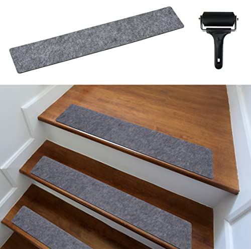 cocofy Treppenstufen Matten modern 15er Set, 60x12 cm groß Filz selbstklebend | Stufenmatten innen 15 Stück Teppich Treppenstufen Treppenteppich selbstklebend Treppen Teppichstufen Stufenteppich, grau von cocofy