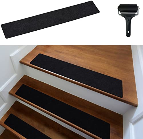 cocofy Treppenstufen Matten modern 15er Set, 60x12 cm groß Filz selbstklebend | Stufenmatten innen 15 Stück Teppich Treppenstufen Treppenteppich selbstklebend Treppen Teppichstufen schwarz von cocofy