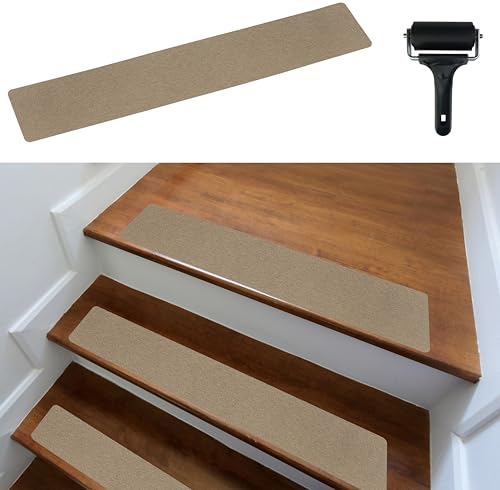 cocofy Treppenstufen Matten modern 15er Set, 60x12 cm groß Filz selbstklebend Stufenmatten innen 15 Stück Teppich Treppenstufen Treppenteppich selbstklebend beige von cocofy
