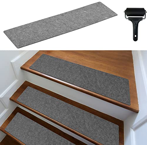 cocofy Treppenstufen Matten modern 5er Set, 75x20 cm groß Filz selbstklebend | Stufenmatten innen 5 Stück Teppich Treppenstufen Treppenteppich selbstklebend Treppen Teppichstufen Stufenteppich, grau von cocofy
