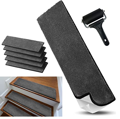 cocofy Treppenstufen Matten modern 75x20 cm groß weich flauschig Velours 5er Set grau | Stufenmatten Innen Treppenteppich selbstklebend Stufenmatten innen Stufenteppich selbstklebend Hochflor von cocofy