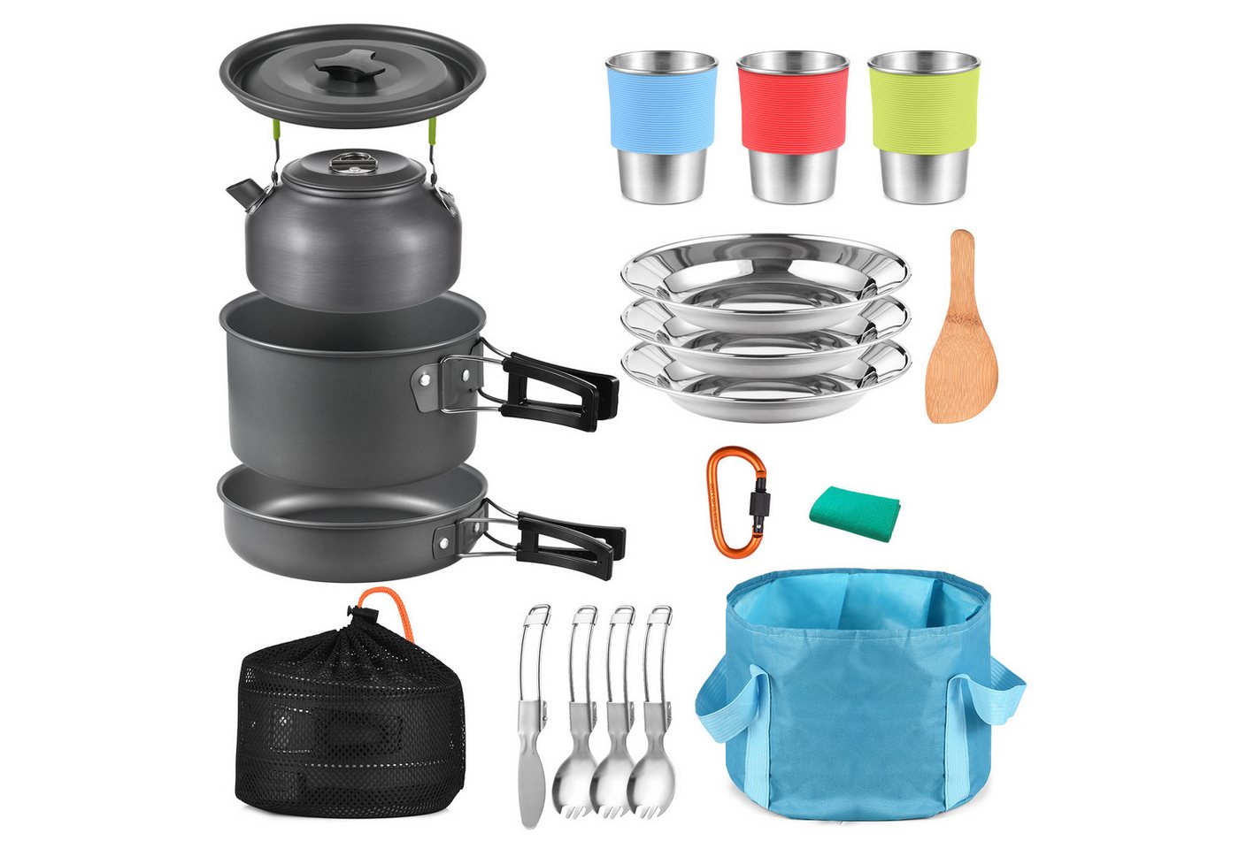 cocosity Geschirr-Set 21-teiliges Camping-Kochgeschirr-Set, Camping-Topf und Pfanne, Kochset (21-tlg), Für Outdoor-Camping und Wandern, Edelstahl, korrosionsbeständig von cocosity
